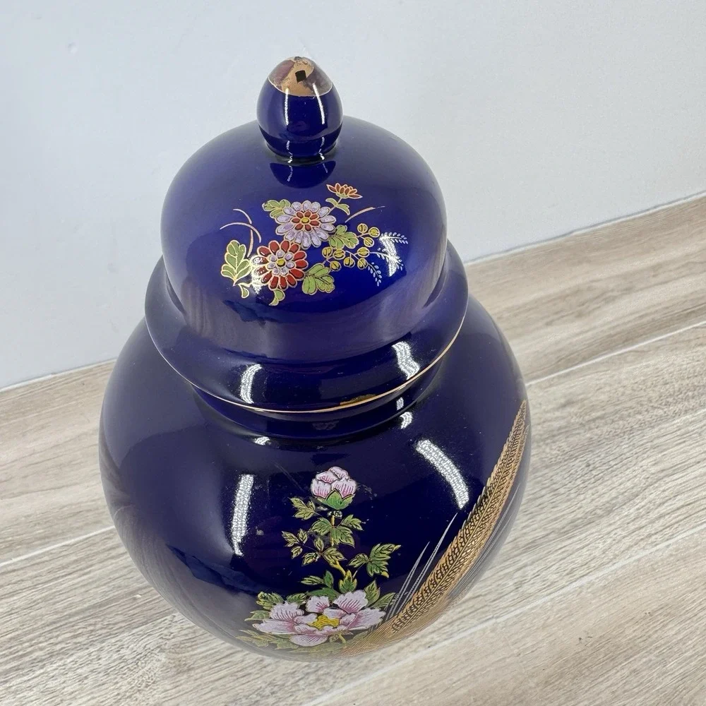 Vintage Japan Cobalt Blue‎ Gold Pheasant Floral Lidded Ginger Jar Urn